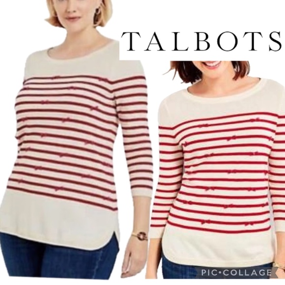 Talbots Striped Bow Sweater White Red Long Sleeve Size XS - Picture 1 of 10